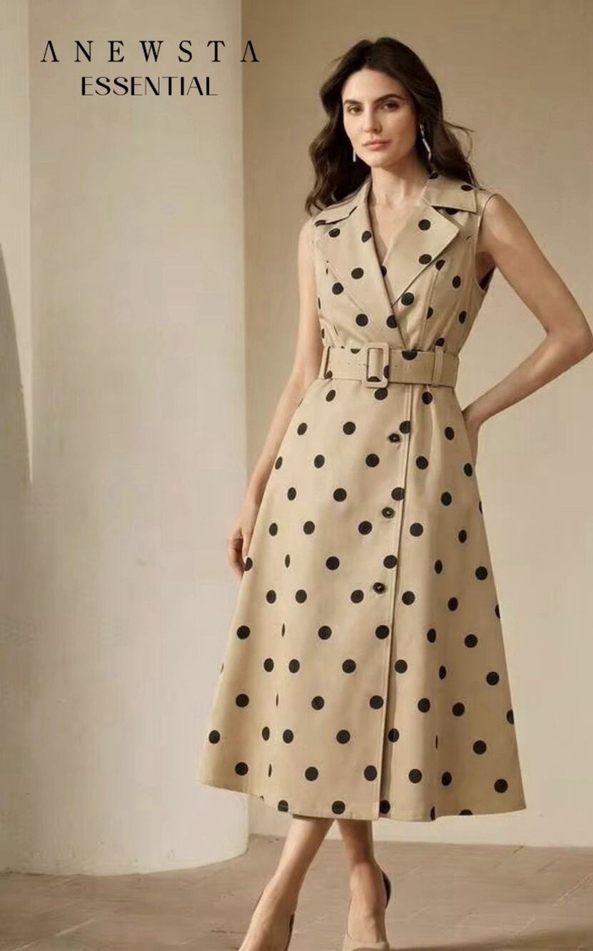 Anewsta NWT Sleeveless Polka Dot Trench Midi Dress Beige Black Belted Size M 6